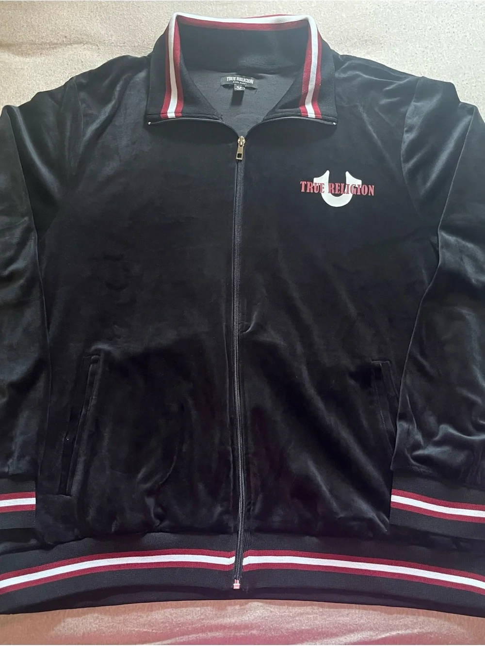 True Religion Black Velour Track Bomber with Red and White Trim
